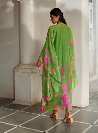 Green silk organza printed kaftan with inner
