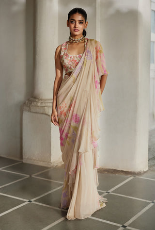Ivory chiffon pre-draped sari set