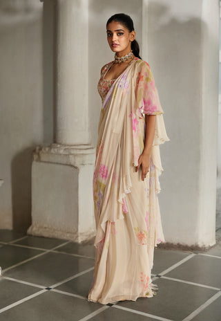 Ivory chiffon pre-draped sari set