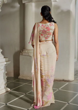 Ivory chiffon pre-draped sari set