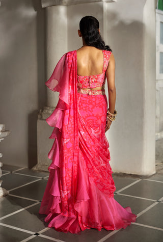 Red and pink pre-stitched sari set