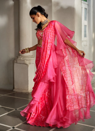 Red and pink pre-stitched sari set
