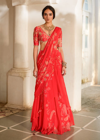 Sunset red floral blouse and sari