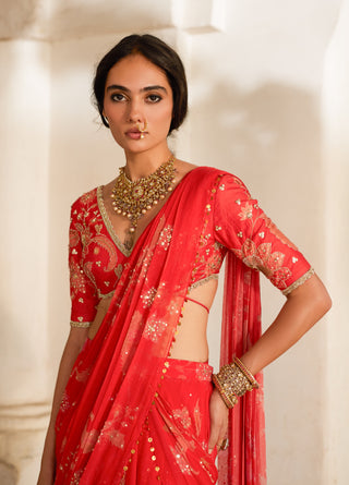 Sunset red floral blouse and sari