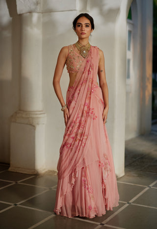 Fresh pink chiffon printed sari and blouse