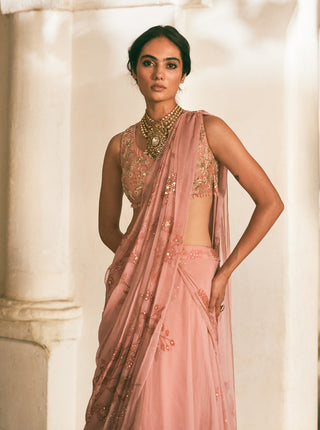 Fresh pink chiffon printed sari and blouse