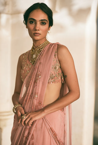 Fresh pink chiffon printed sari and blouse