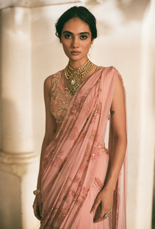 Fresh pink chiffon printed sari and blouse
