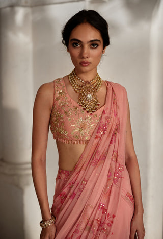 Fresh pink chiffon printed sari and blouse