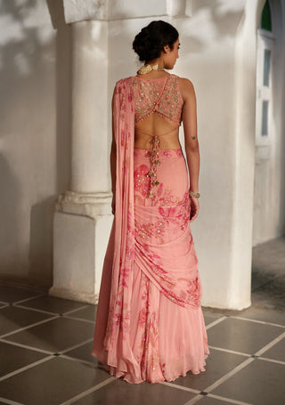 Fresh pink chiffon printed sari and blouse