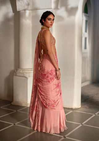 Fresh pink chiffon printed sari and blouse