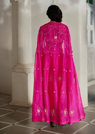 Bright pink embroidered blouse, cape and palazzo