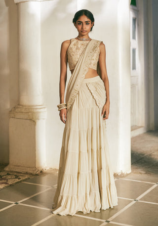 Solid ivory georgette pre-draped sari and blouse