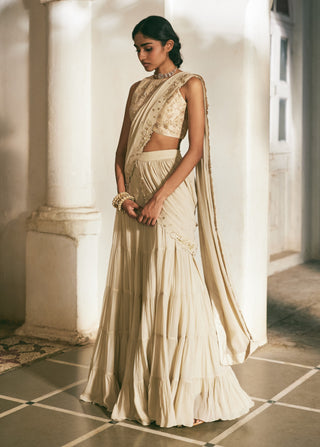 Solid ivory georgette pre-draped sari and blouse