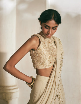 Solid ivory georgette pre-draped sari and blouse