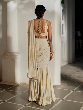 Solid ivory georgette pre-draped sari and blouse