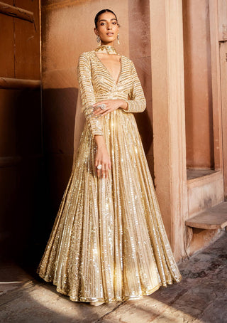 Prevasu-Golden Anarkali Gown And Dupatta-INDIASPOPUP.COM