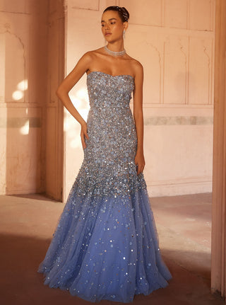 Prevasu-Blue Embellished Off-Shoulder Gown-INDIASPOPUP.COM