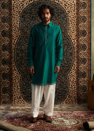 Emerald Green Pathani Kurta And Salwar by Charkhee Men available on Indiaspopup.com