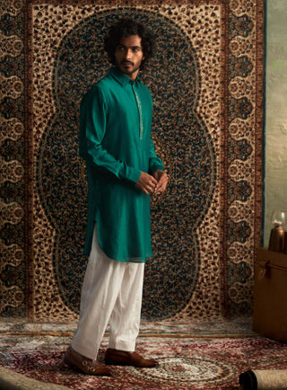 Emerald Green Pathani Kurta And Salwar by Charkhee Men available on Indiaspopup.com