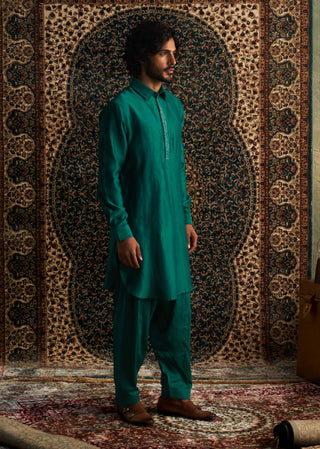 Emerald Green Pathani Kurta And Salwar by Charkhee Men available on Indiaspopup.com