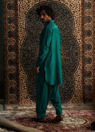 Emerald Green Pathani Kurta And Salwar by Charkhee Men available on Indiaspopup.com