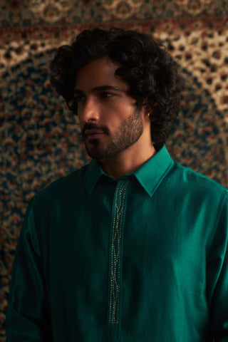 Emerald Green Pathani Kurta And Salwar by Charkhee Men available on Indiaspopup.com