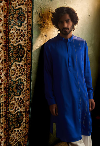 Blue Modal Satin Kurta And Straight Pants by Charkhee Men available on Indiaspopup.com