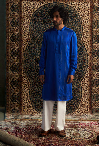 Blue Modal Satin Kurta And Straight Pants by Charkhee Men available on Indiaspopup.com