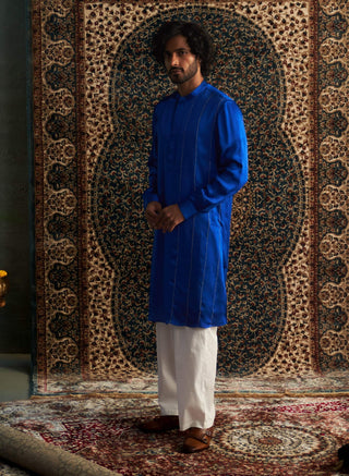 Blue Modal Satin Kurta And Straight Pants by Charkhee Men available on Indiaspopup.com