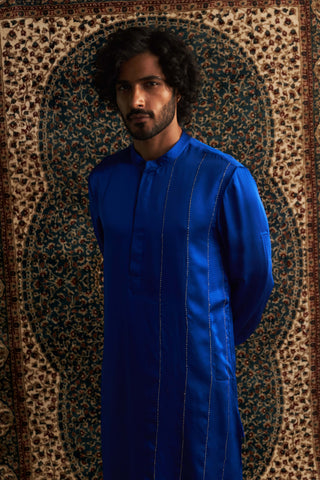 Blue Modal Satin Kurta And Straight Pants by Charkhee Men available on Indiaspopup.com