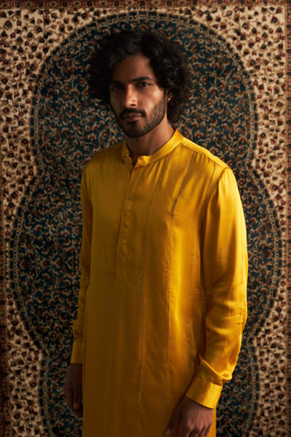 Marigold Pathani Kurta And Straight Pants by Charkhee Men available on Indiaspopup.com