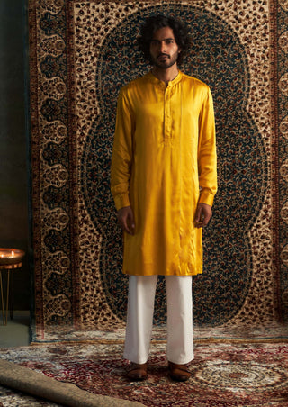 Marigold Pathani Kurta And Straight Pants by Charkhee Men available on Indiaspopup.com