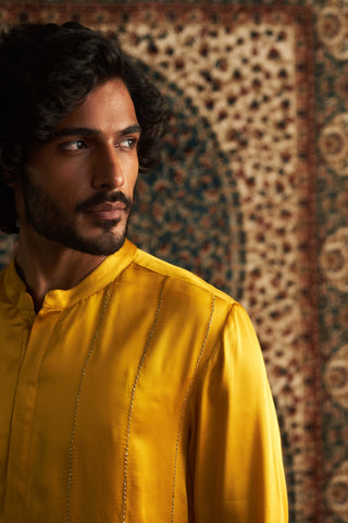 Marigold Pathani Kurta And Straight Pants by Charkhee Men available on Indiaspopup.com