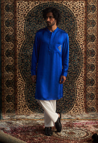 Blue Modal Satin Kurta And Straight Pants by Charkhee Men available on Indiaspopup.com