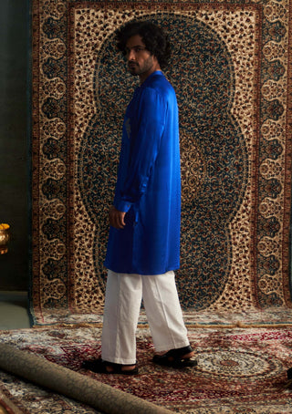 Blue Modal Satin Kurta And Straight Pants by Charkhee Men available on Indiaspopup.com