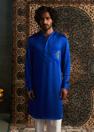 Blue Modal Satin Kurta And Straight Pants by Charkhee Men available on Indiaspopup.com