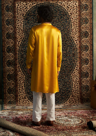 Marigold Modal Satin Kurta And Straight Pants by Charkhee Men available on Indiaspopup.com