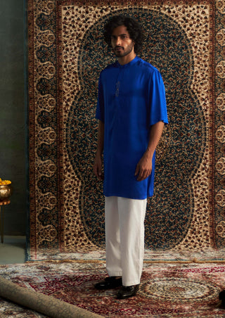 Blue Short Sleeved Kurta And Pyjamas by Charkhee Men available on Indiaspopup.com