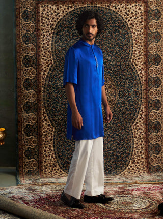 Blue Short Sleeved Kurta And Pyjamas by Charkhee Men available on Indiaspopup.com