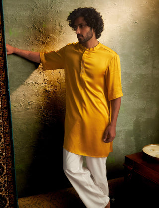 Marigold Short Sleeved Kurta And Pyjamas by Charkhee Men available on Indiaspopup.com