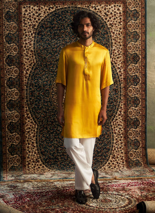 Marigold Short Sleeved Kurta And Pyjamas by Charkhee Men available on Indiaspopup.com