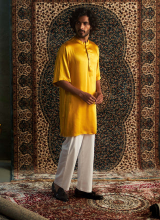 Marigold Short Sleeved Kurta And Pyjamas by Charkhee Men available on Indiaspopup.com