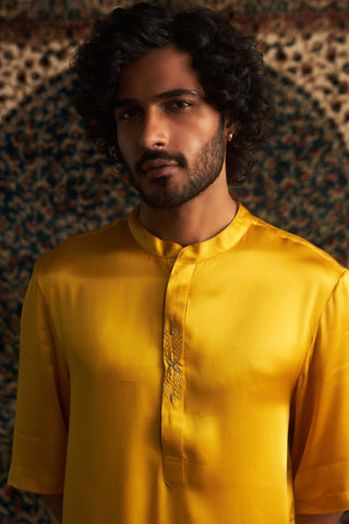 Marigold Short Sleeved Kurta And Pyjamas by Charkhee Men available on Indiaspopup.com