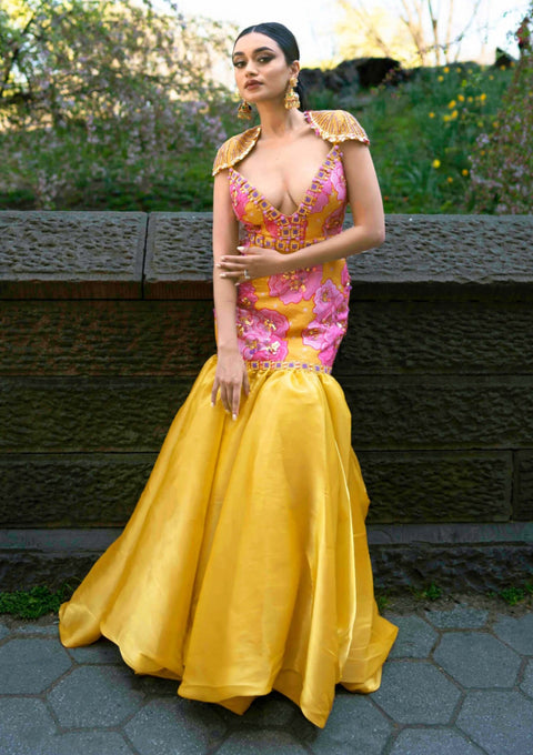 Mimosa mustard yellow pink dress