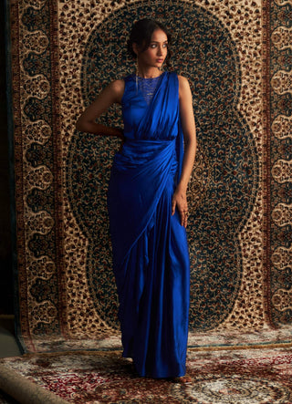 Blue gown draped sari gown