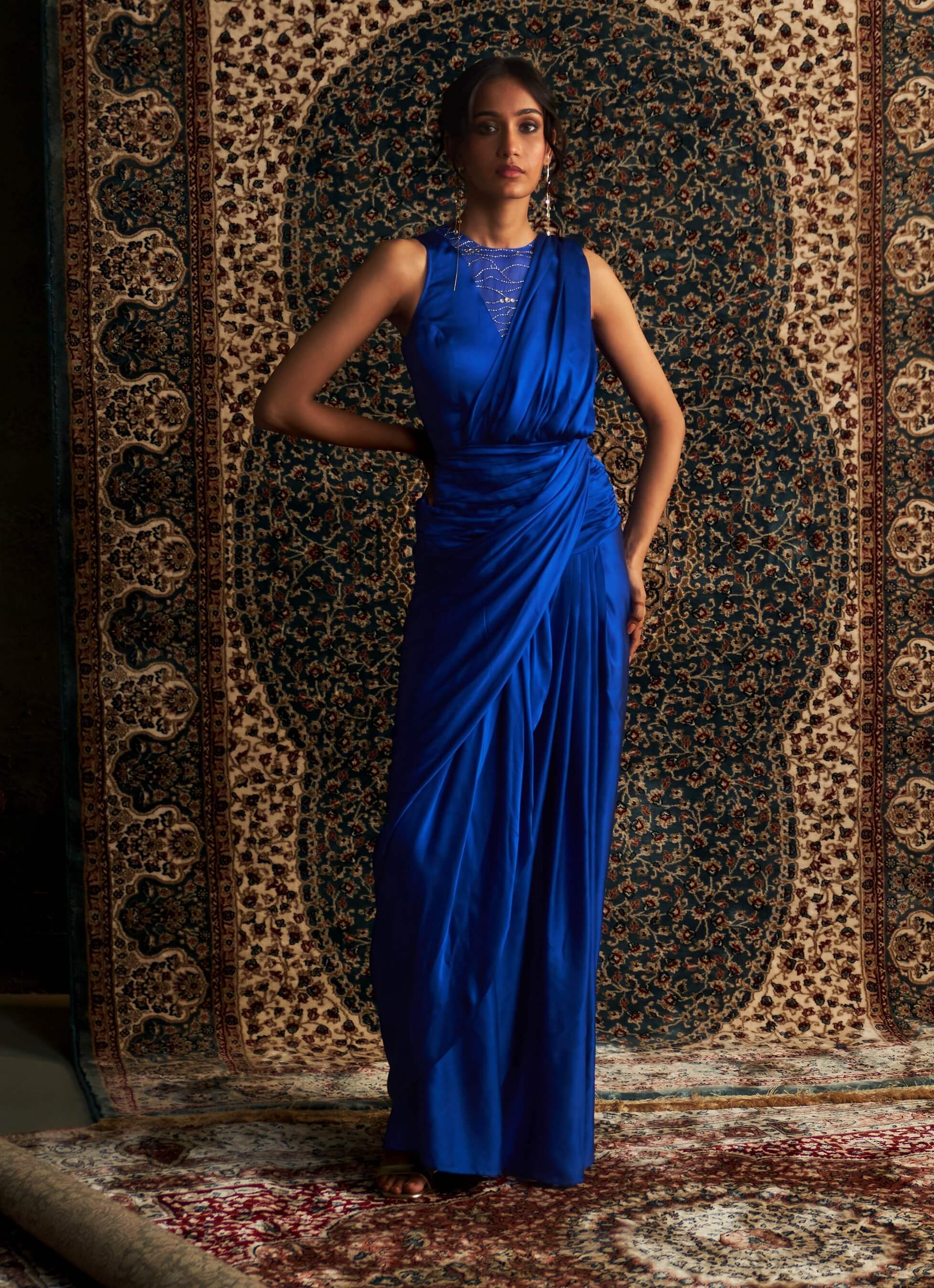 Charkhee Blue Gown Draped Sari Gown Charkhee Blue Gown Draped Sari Gown