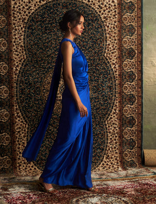 Blue gown draped sari gown