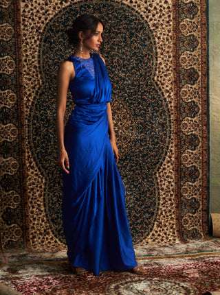 Blue gown draped sari gown