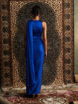 Blue gown draped sari gown